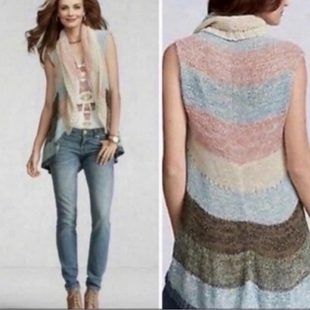 CAbi Pastel Striped Open-Front Sleeveless Knit Vest - Pink, Blue, Cream, Brown